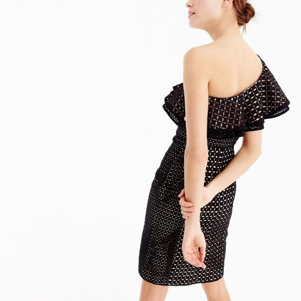 NEW J Crew Black One-shoulder Eyelet Mini Dress Size 2