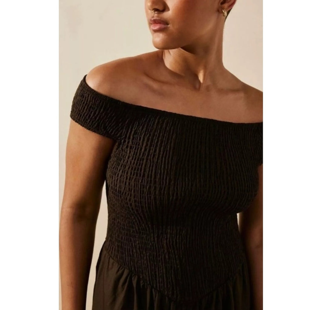 New Free People Ceci Smocked OTS Midi Dress Free-est  $98 SMALL Deep Brown