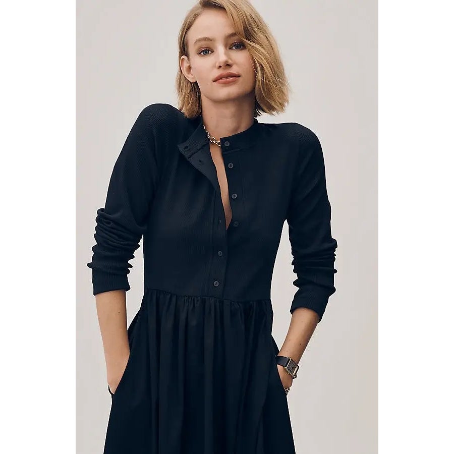 Black long-sleeve button-front twofer midi dress with gathered skirt