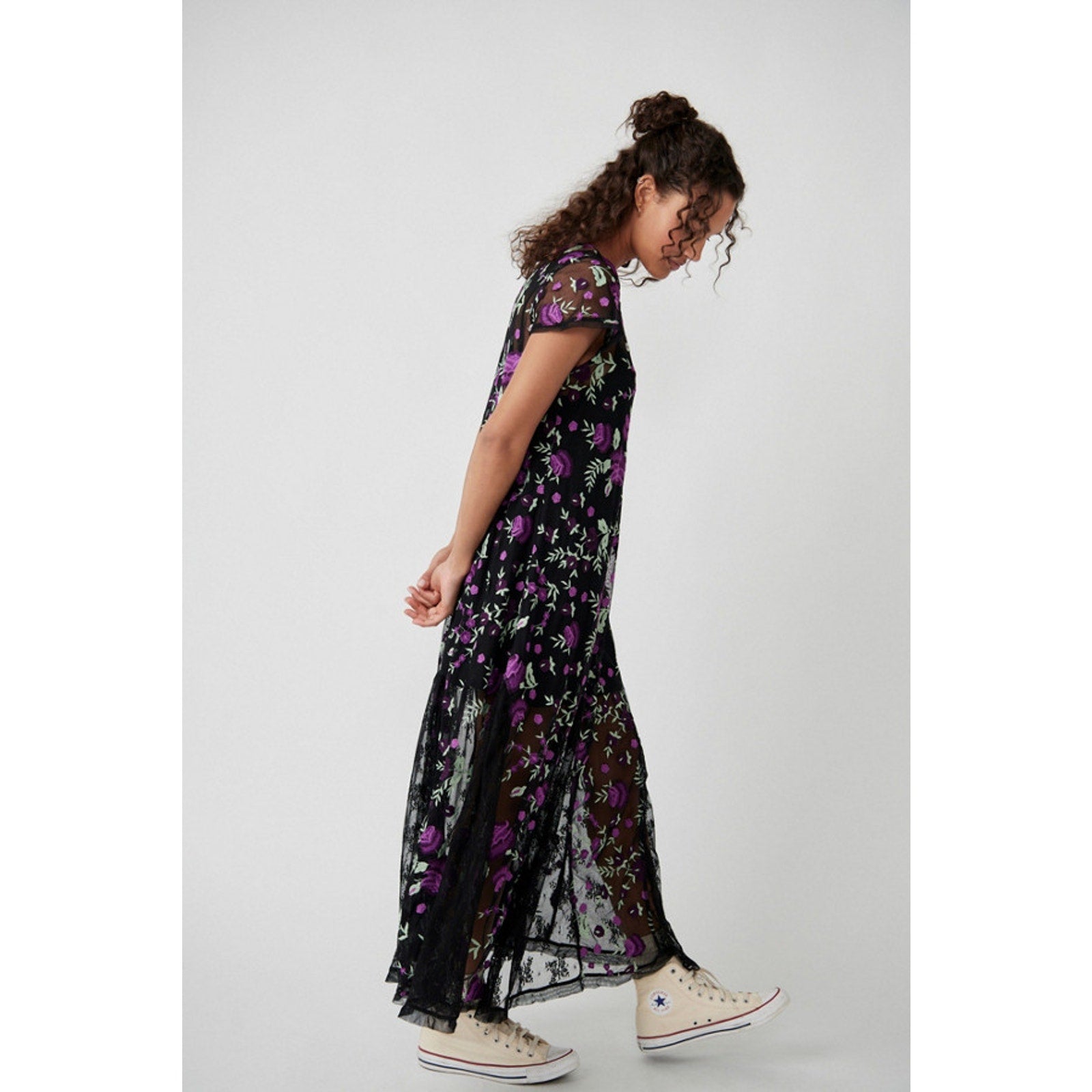 New Free People Sky Bright Floral Midi Dress $228 X-SMALL Black/Purple Sheer