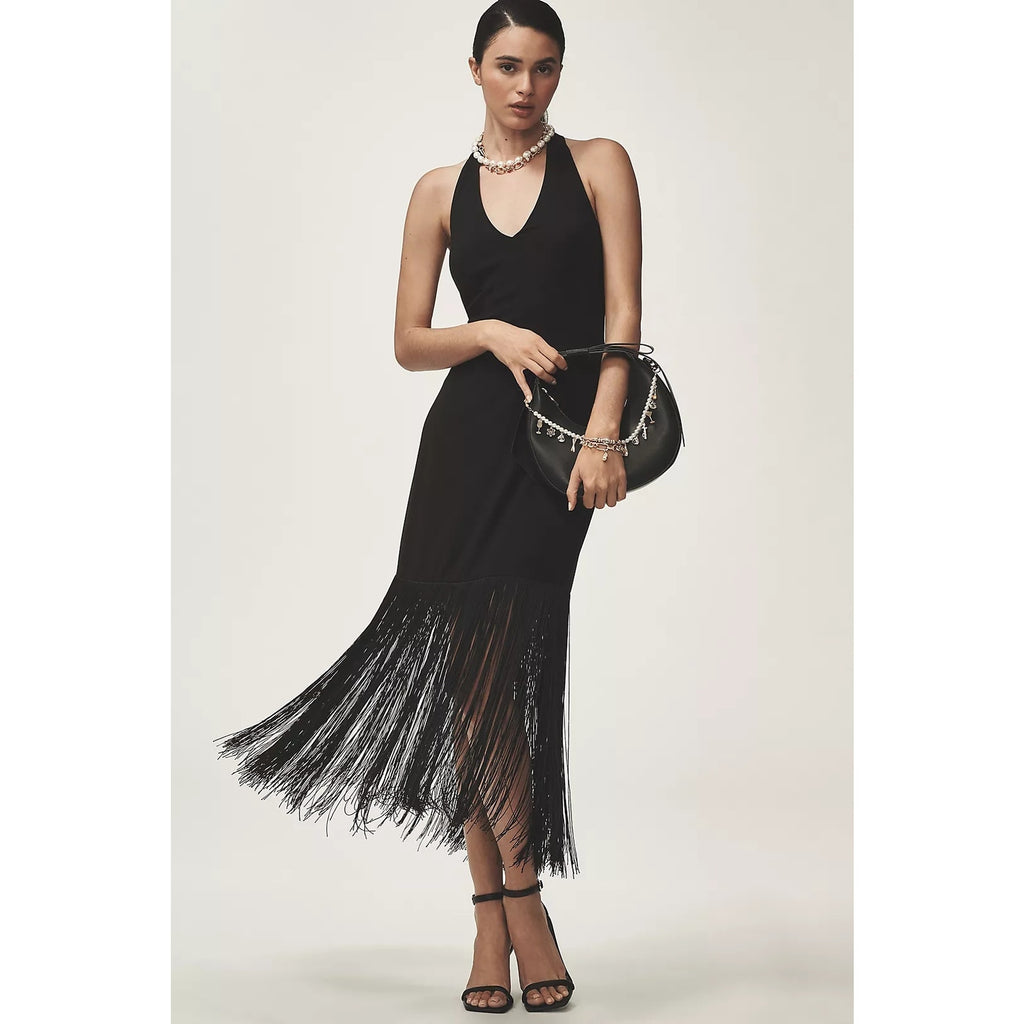 Anthropologie Hutch Plunge Halter Fringe Knit Midi Dress $248 XS Black