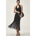 Anthropologie Hutch Plunge Halter Fringe Knit Midi Dress $248 XS Black