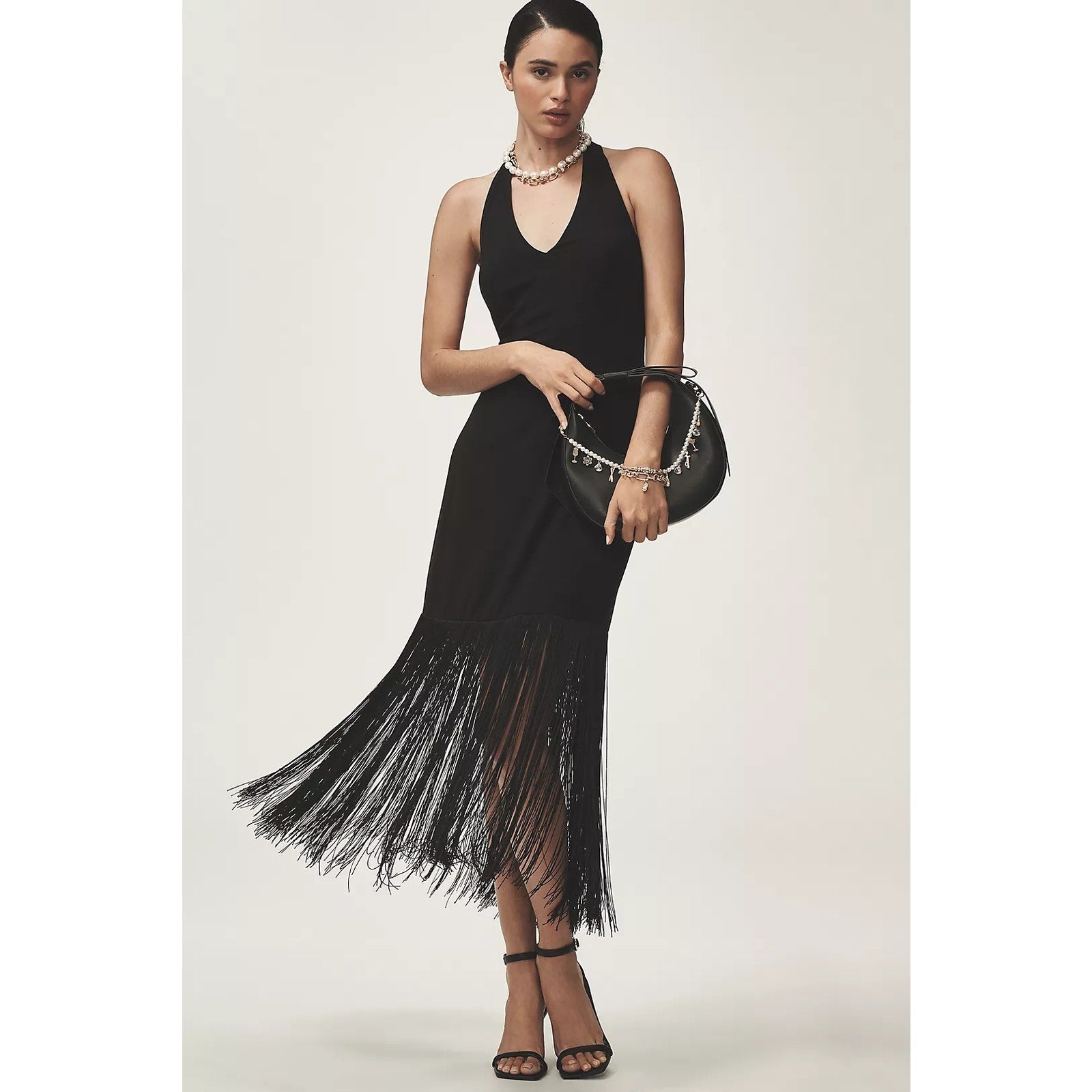 Anthropologie Hutch Plunge Halter Fringe Knit Midi Dress $248 XS Black