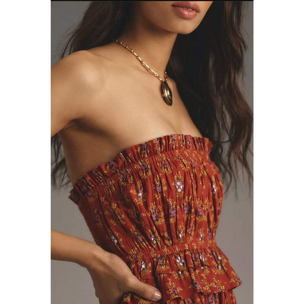 Anthropologie Plenty by Tracy Reese Strapless Smocked Midi Dress $228 XL