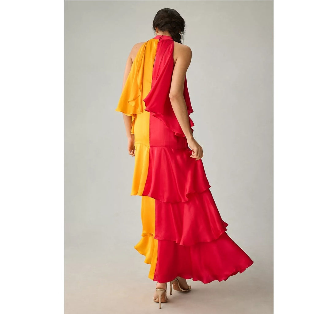New Anthropologie x Pinnacle Mock-Neck Colorblock Ruffle Dress $248 Pink Yellow