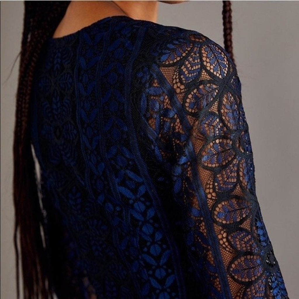 New For Love & Lemons Lyla Cocktail Mini Dress Navy Black Lace Sheer Small Vneck