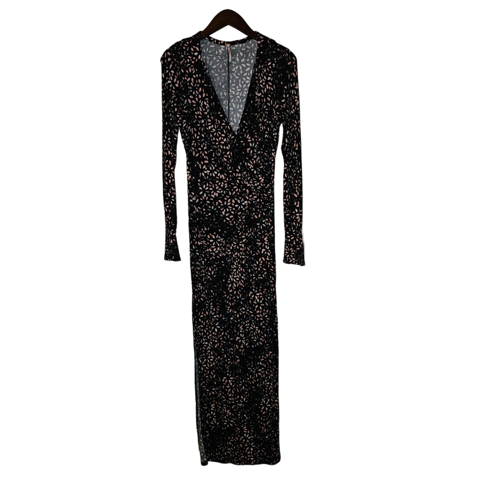 New Free People Shayla Wrap Midi Dress $128 MEDIUM Black Combo