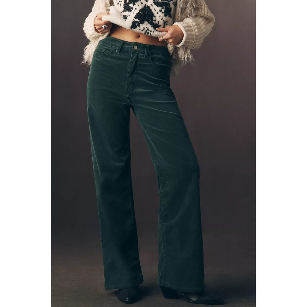 Green high-rise wide-leg jeans, front view with belt loops