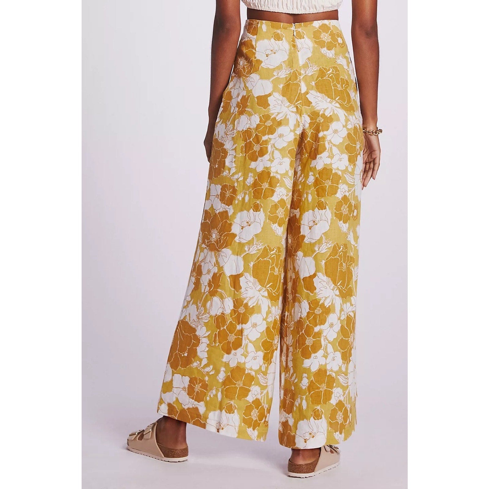 New Anthropologie Faithfull The Brand Malta Wide-Leg Pants Size 4 Gold Floral
