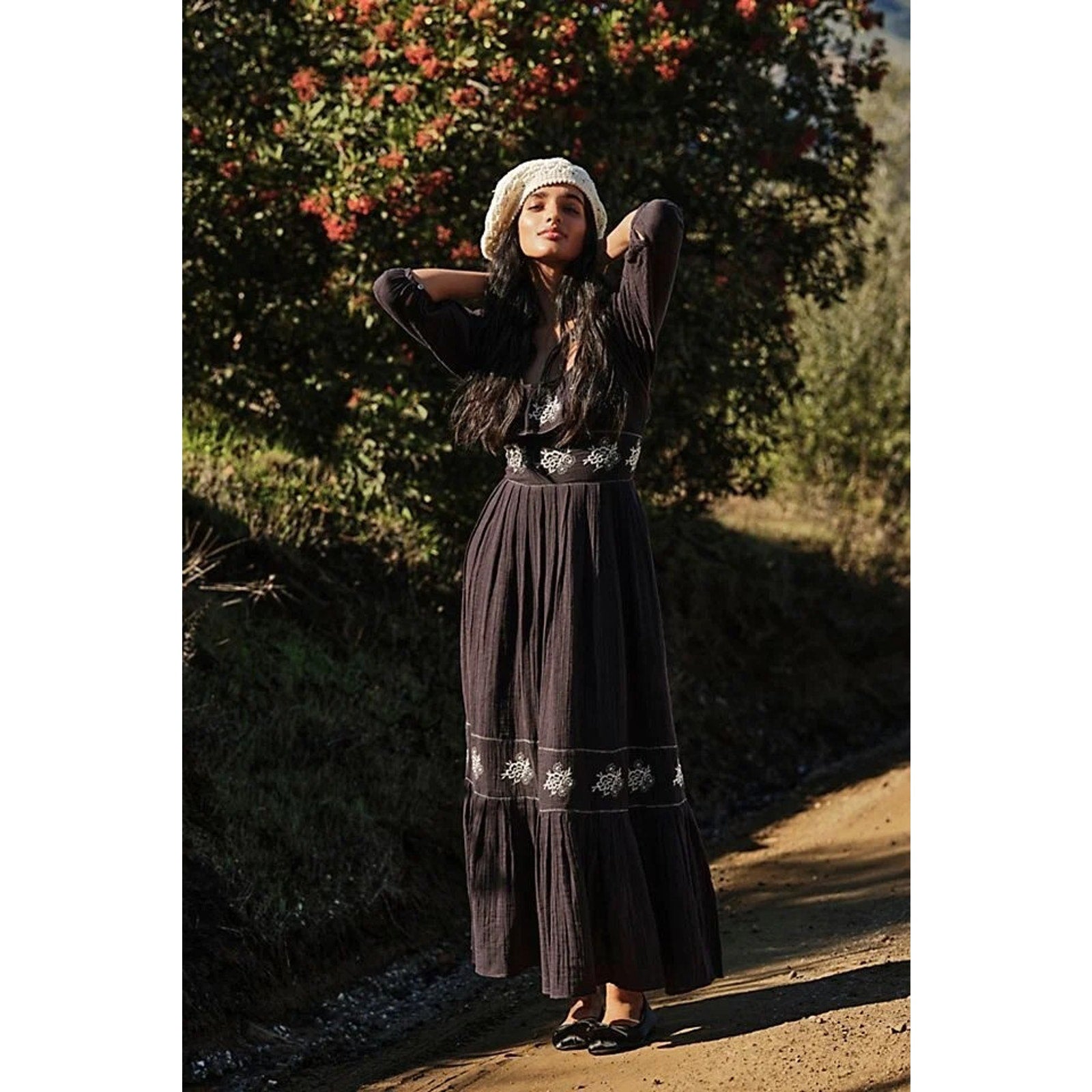 New Free People Lovers Lane Maxi Dress Ruffle Embroidery Floral Smocked Black XS