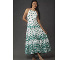 Anthropologie Maeve Halter Tiered Maxi Dress $188 LARGE White Green