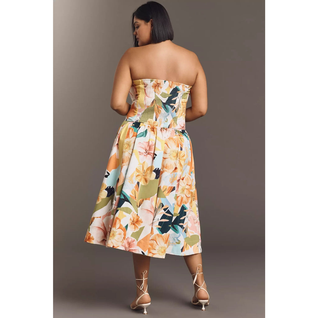 Anthropologie Drop-Waist Midi Dress Size Large Yellow Floral Anthropologie