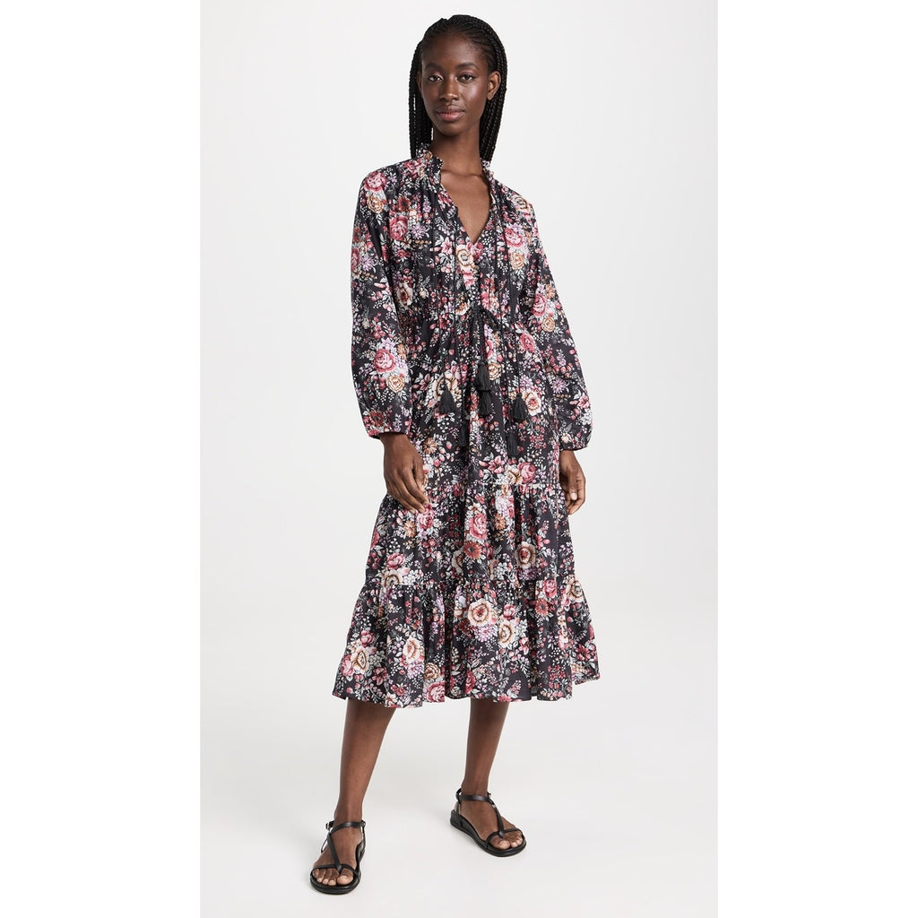 New MILLE Astrid Tasseled Midi Dress $248 SMALL Bloomsbury Floral Long Sleeve