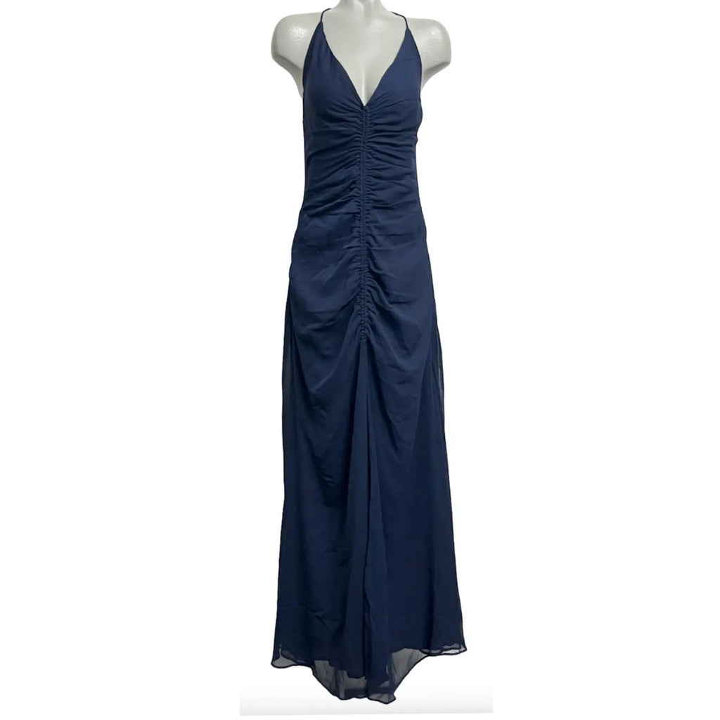 New Free People Simone Maxi Dress $250 SIZE 0 Navy V-neck Adjustable Lace-up