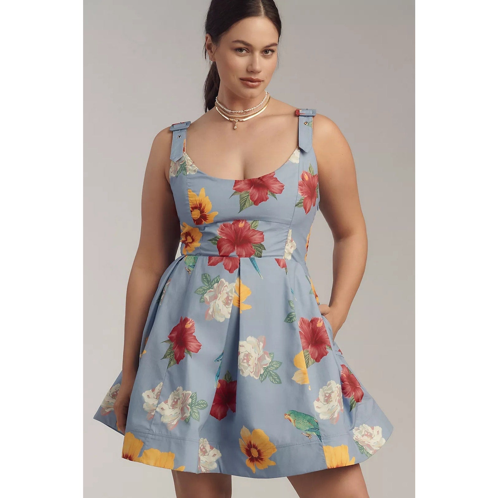 Anthropologie Maeve Scoop-Neck Cotton Floral Mini Dress X-LARGE Blue Anthropologie