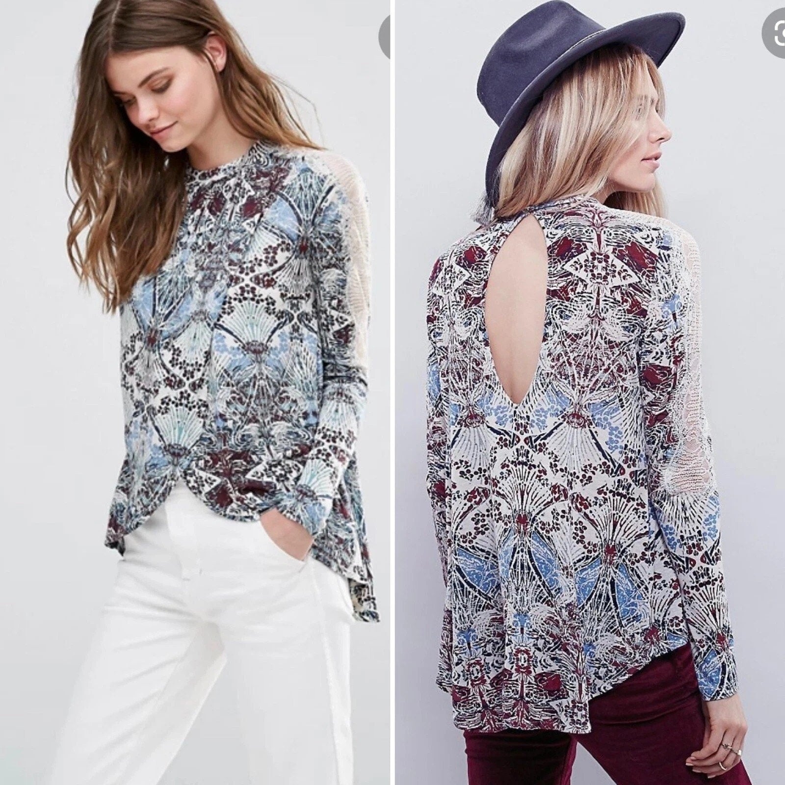 New Free People Snow Combo Long Sleeve Tulip Top $88 Small Boho Lace Applique