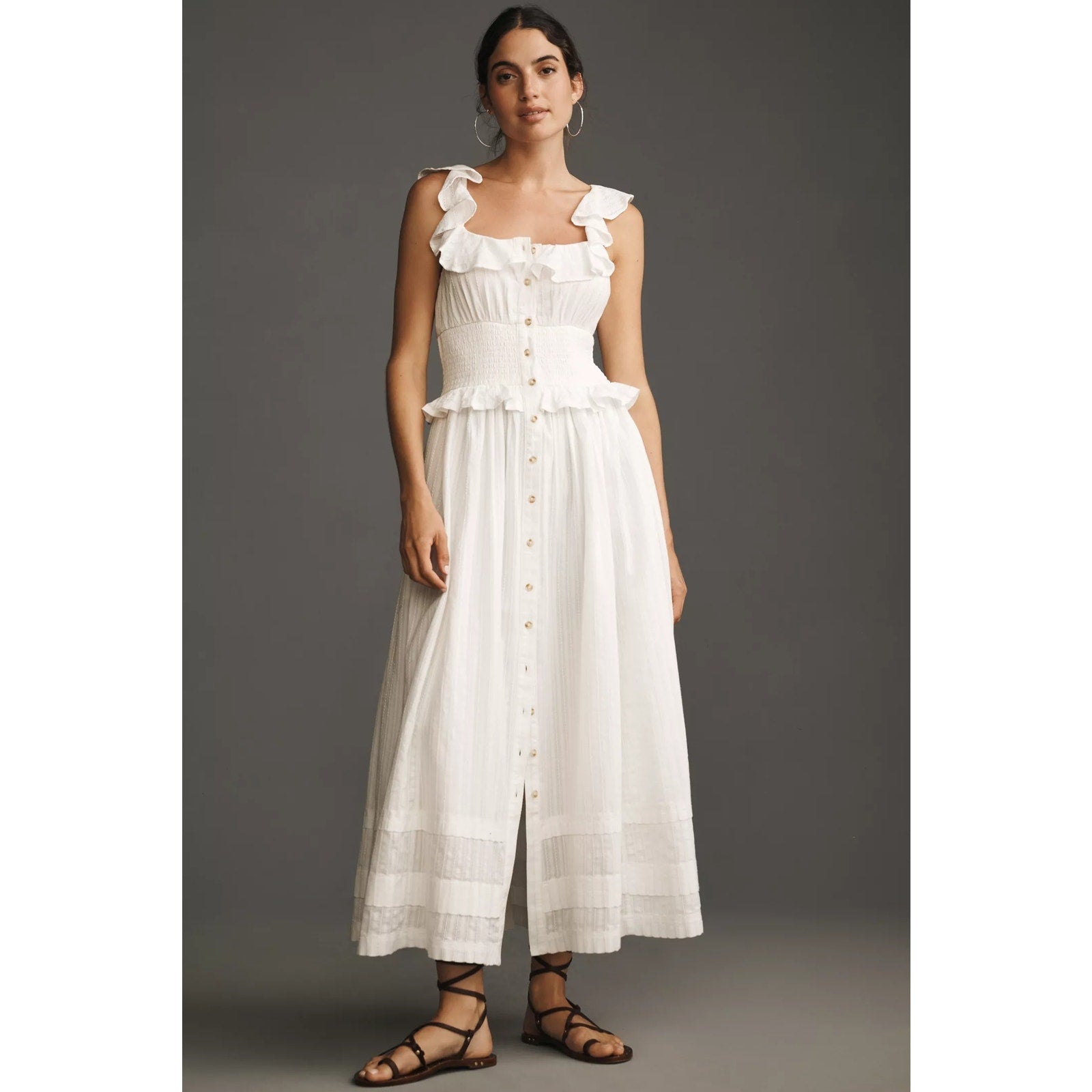 Anthropologie Pilcro Ruffled Smocked-Waist Button-Front Midi Dress L White Anthropologie