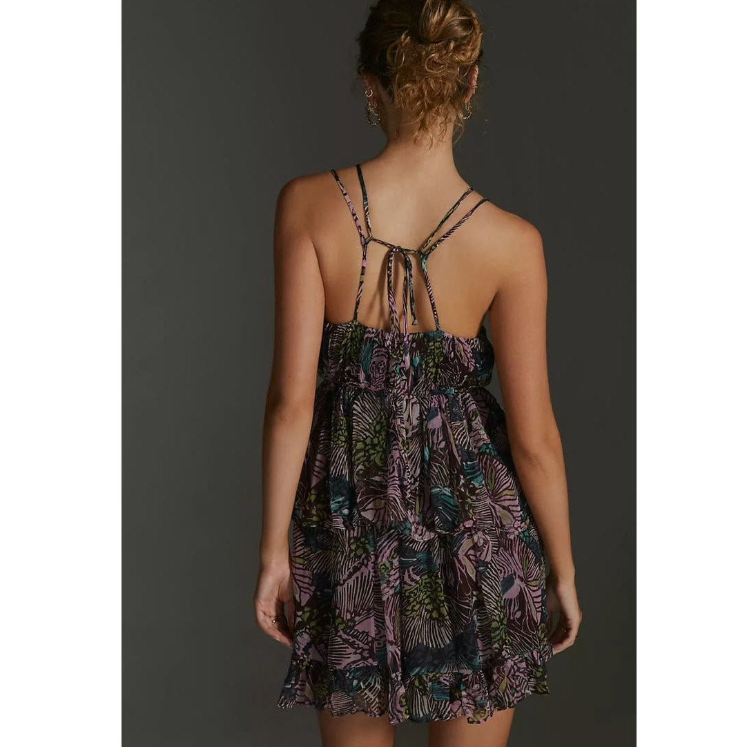 New By Anthropologie Cutout Chiffon Mini Dress $170 X-SMALL Purple Abstract