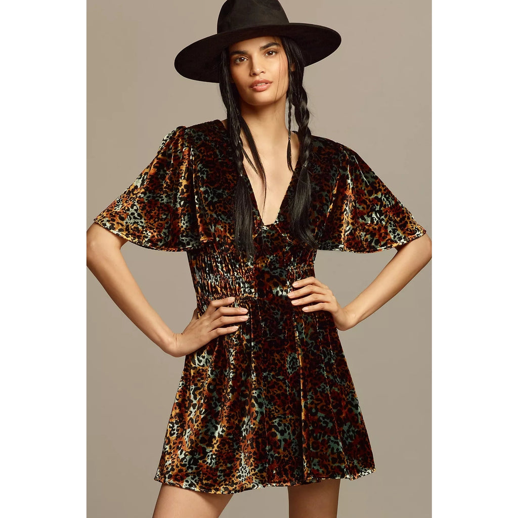 New By Anthropologie Short-Sleeve Velvet Mini Dress $188 SMALL Brown