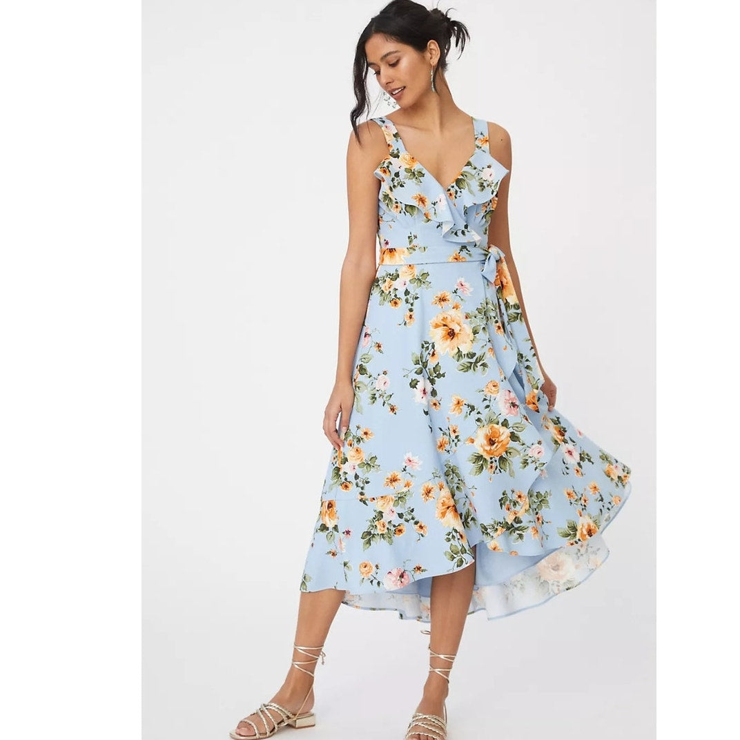 Anthropologie Hutch Eden Wrap Dress $198 XXSP Blue Floral Midi High Low Hem