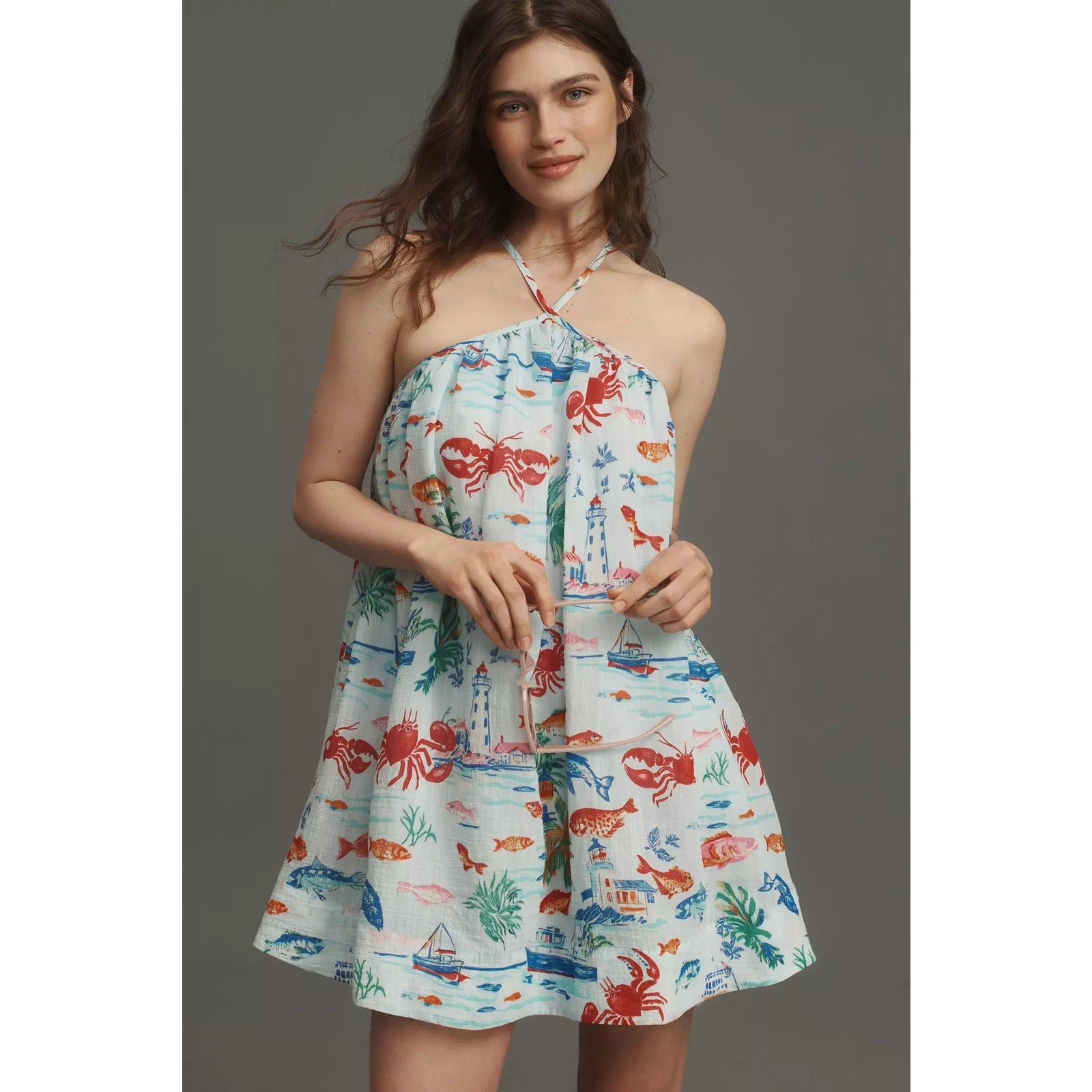 Anthropologie Maeve Printed Halter Swing Mini Dress Small Blue Ocean Anthropologie