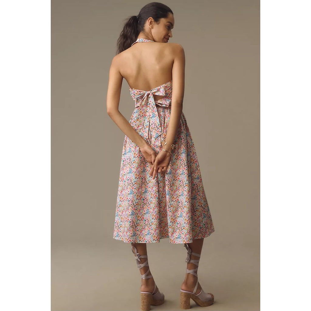 Anthropologie Atsu Halter Bow-Back A-Line Midi Dress $228 SMALL Pink