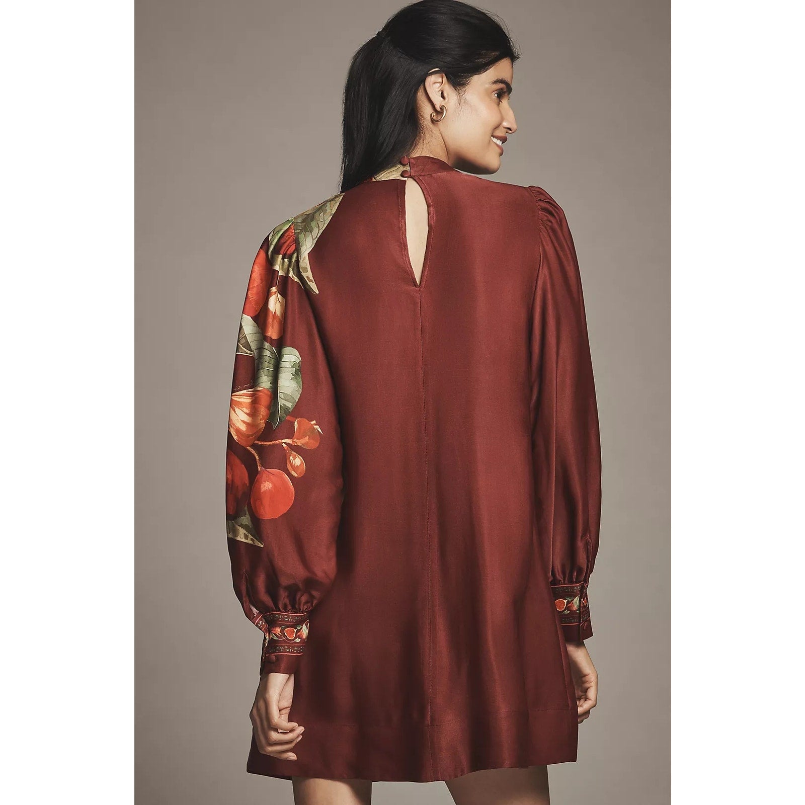 New Farm Rio x Anthropologie Printed Mini Dress $228 X-SMALL Wine LONG-SLEEVE