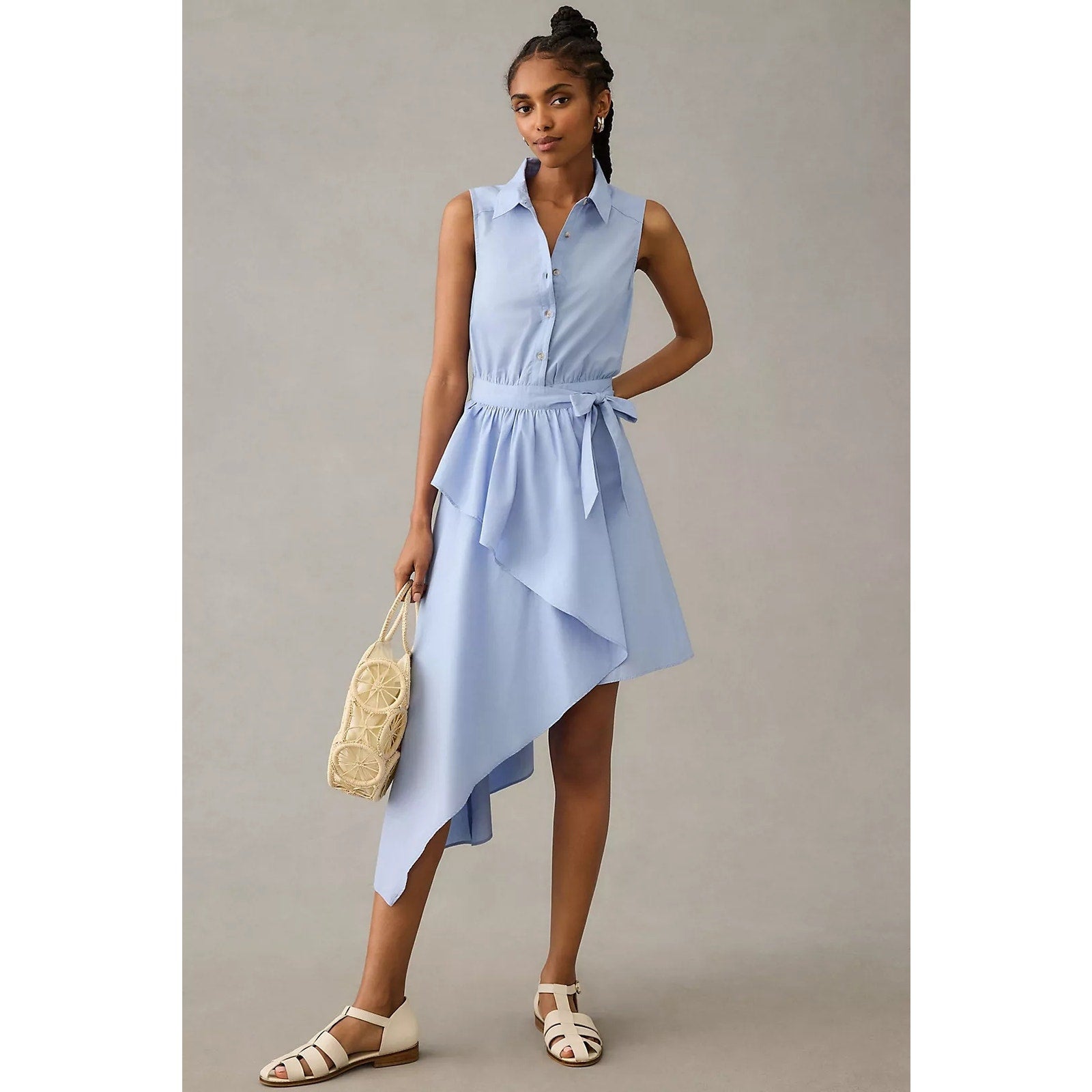 New Anthropologie Maeve Asymmetrical Sleeveless Shirt Dress $160 22W Sky - Blue