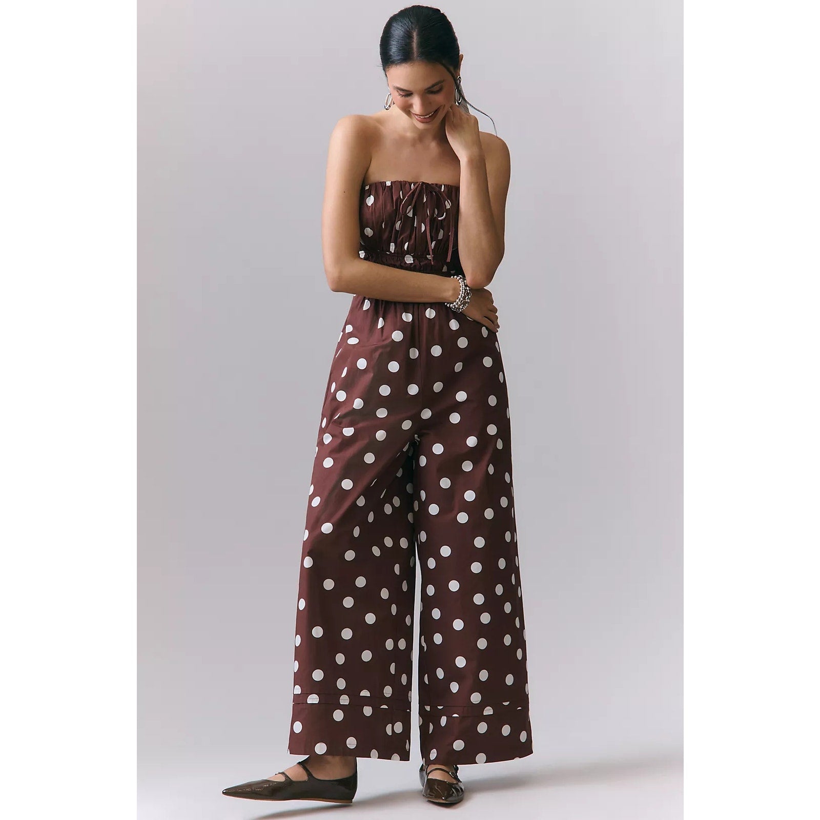 Anthropologie The Somerset Strapless Jumpsuit SMALL Brown POLKADOT Anthropologie