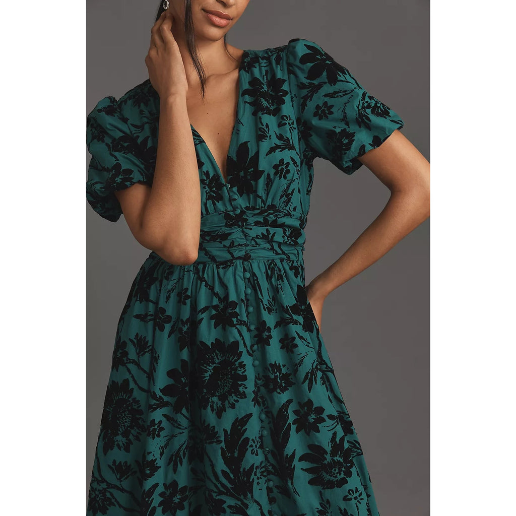 Anthropologie The Katerina Button-Front Dress $198 XXS 00 Dark Green Floral