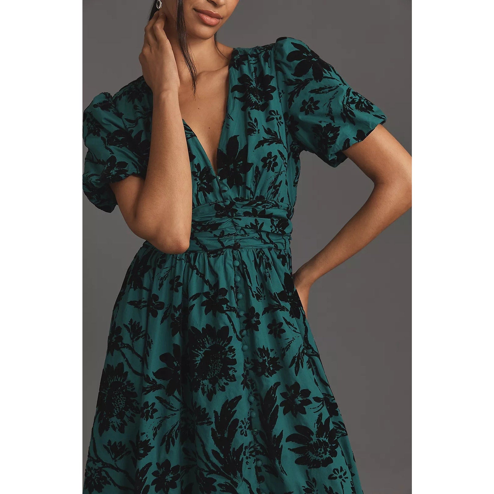 Anthropologie The Katerina Button-Front Dress $198 XXS 00 Dark Green Floral