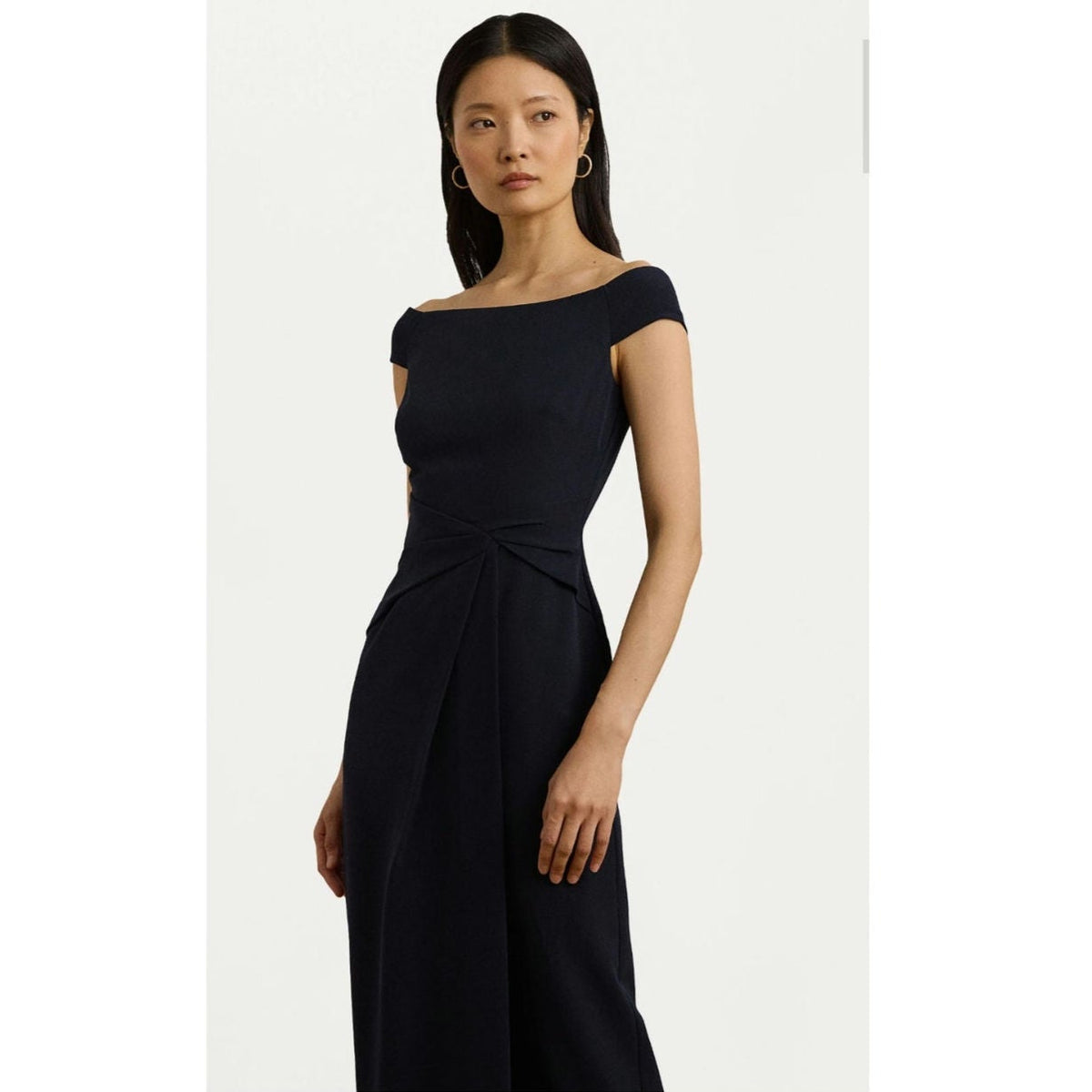 Navy off-shoulder gown with cap sleeves and ruched waist knot, fitted column silhouette