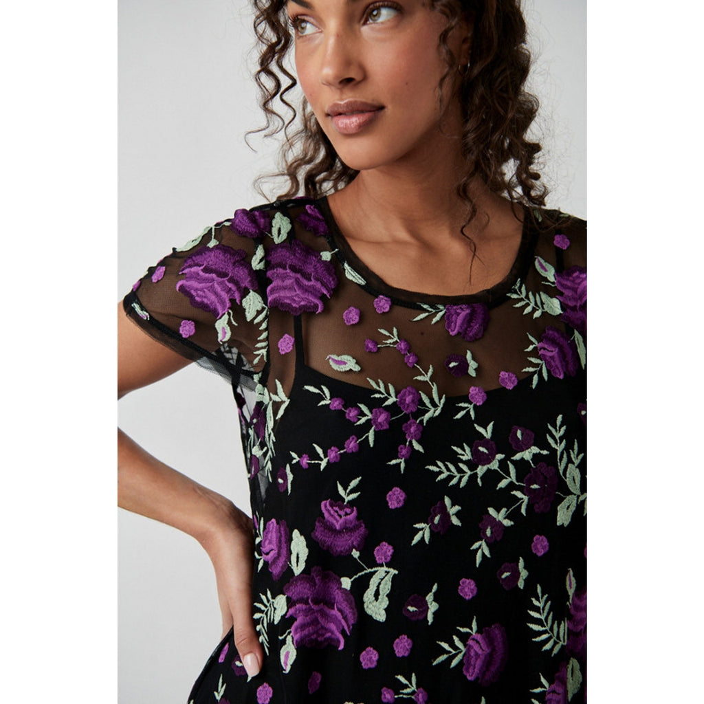 New Free People Sky Bright Floral Midi Dress $228 X-SMALL Black/Purple Sheer