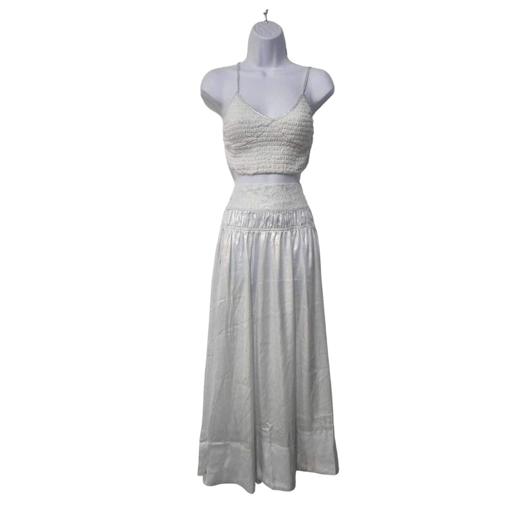New Free People Aster Tiered Maxi Skirt Set $198 X-SMALL Ivory - Metallic