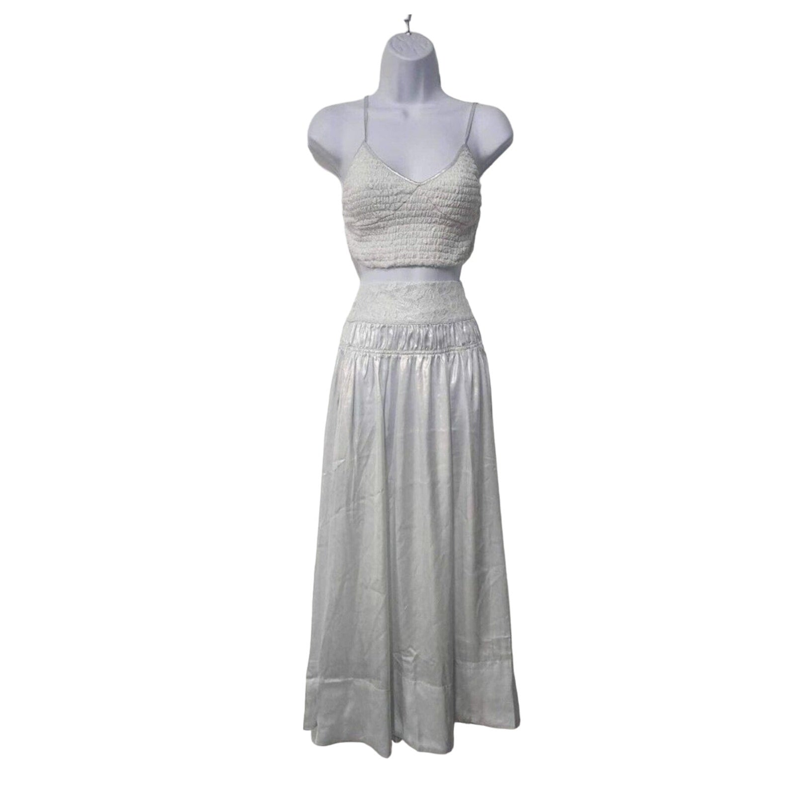 New Free People Aster Tiered Maxi Skirt Set $198 X-SMALL Ivory - Metallic