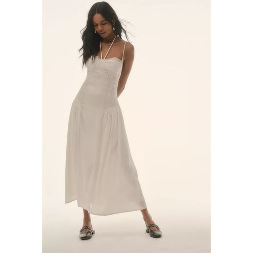 White sleeveless lace midi dress with spaghetti straps and square neckline