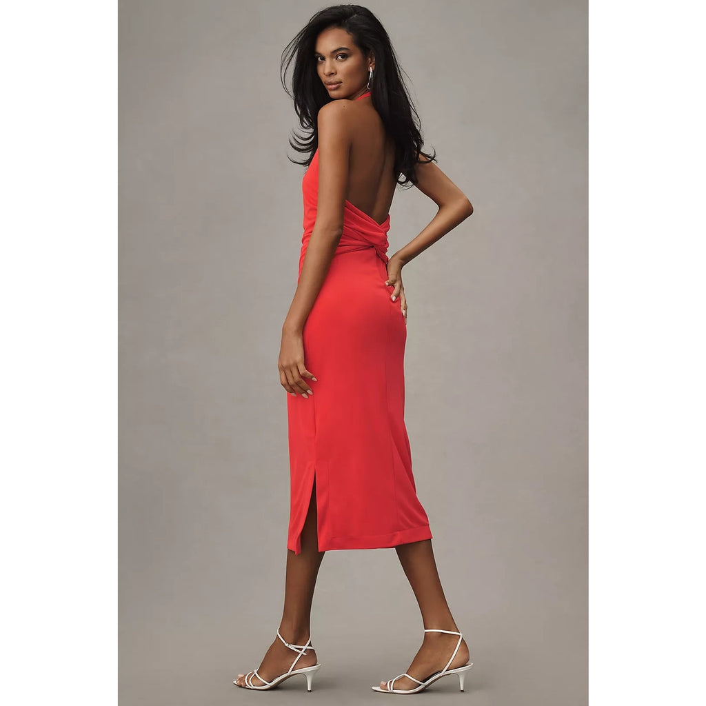Anthropologie Slinky Knit Halter Dress X-LARGE Bright Red CUTOUT Anthropologie