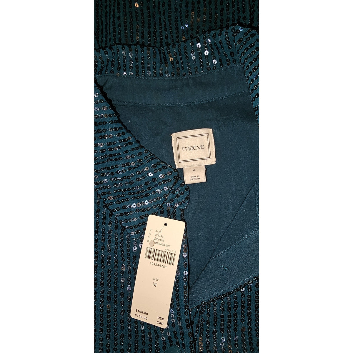 Teal sequin shirt dress fabric with Maeve label and size tag