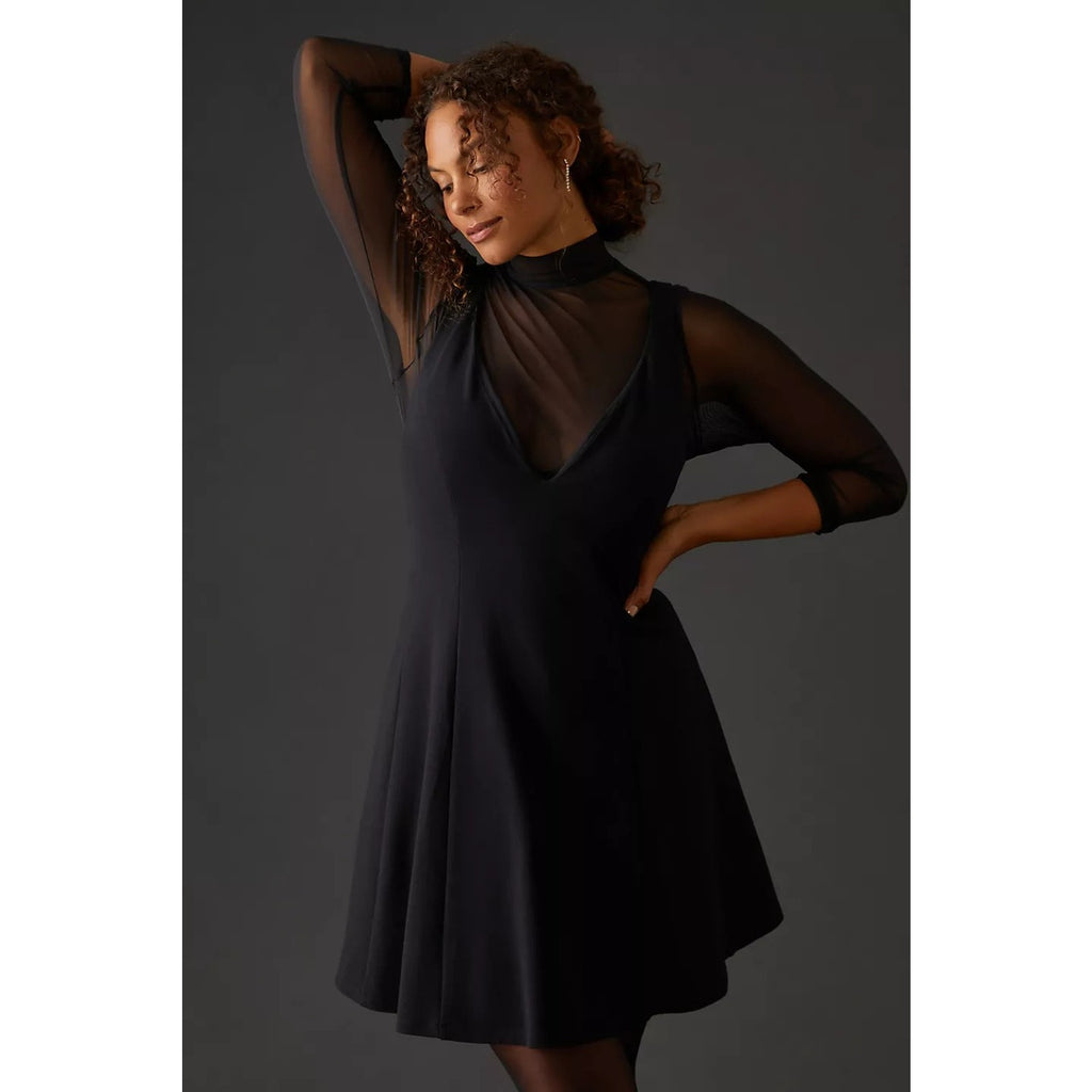 New Anthropologie Maeve Layered Sheer Stretch Mini Dress $160 SMALL Black