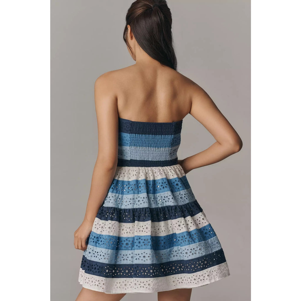 Anthropologie Maeve Strapless Cotton Lace Mini Dress XL Blue Striped Anthropologie