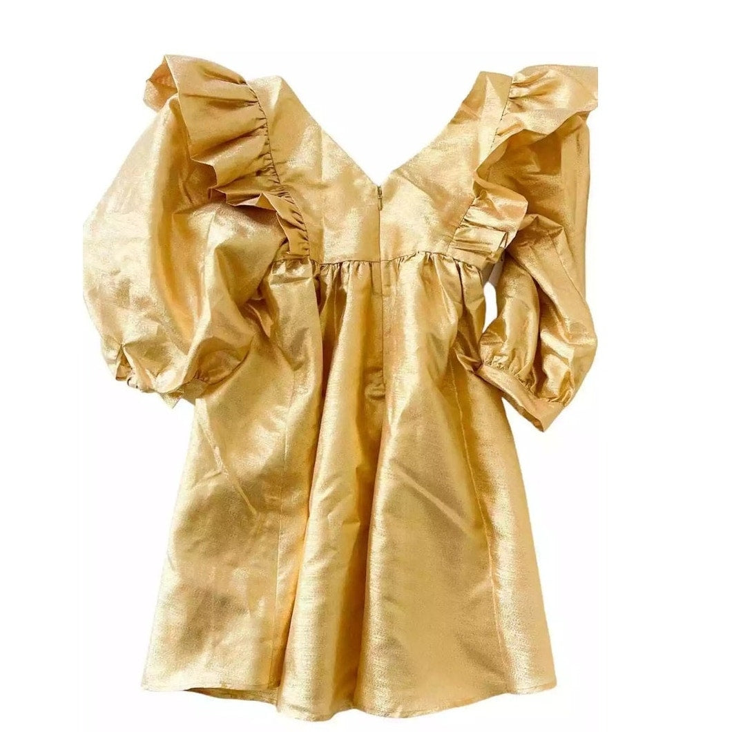 New FREE PEOPLE Selva Negra Atomo Babydoll Dress $400 X-SMALL Gold Metallic