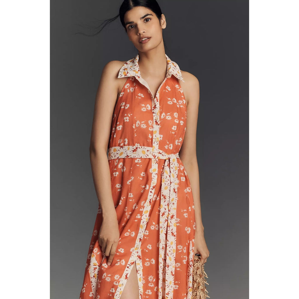 ANTHROPOLOGIE Maeve Halter Open-Back Godet Midi Shirt Dress MEDIUM Anthropologie