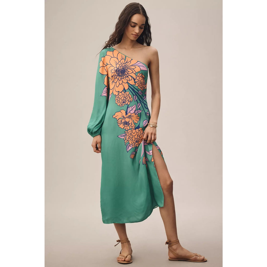 Farm Rio One-Shoulder Floral Midi Dress Large Petite LP Green Pink Anthropologie