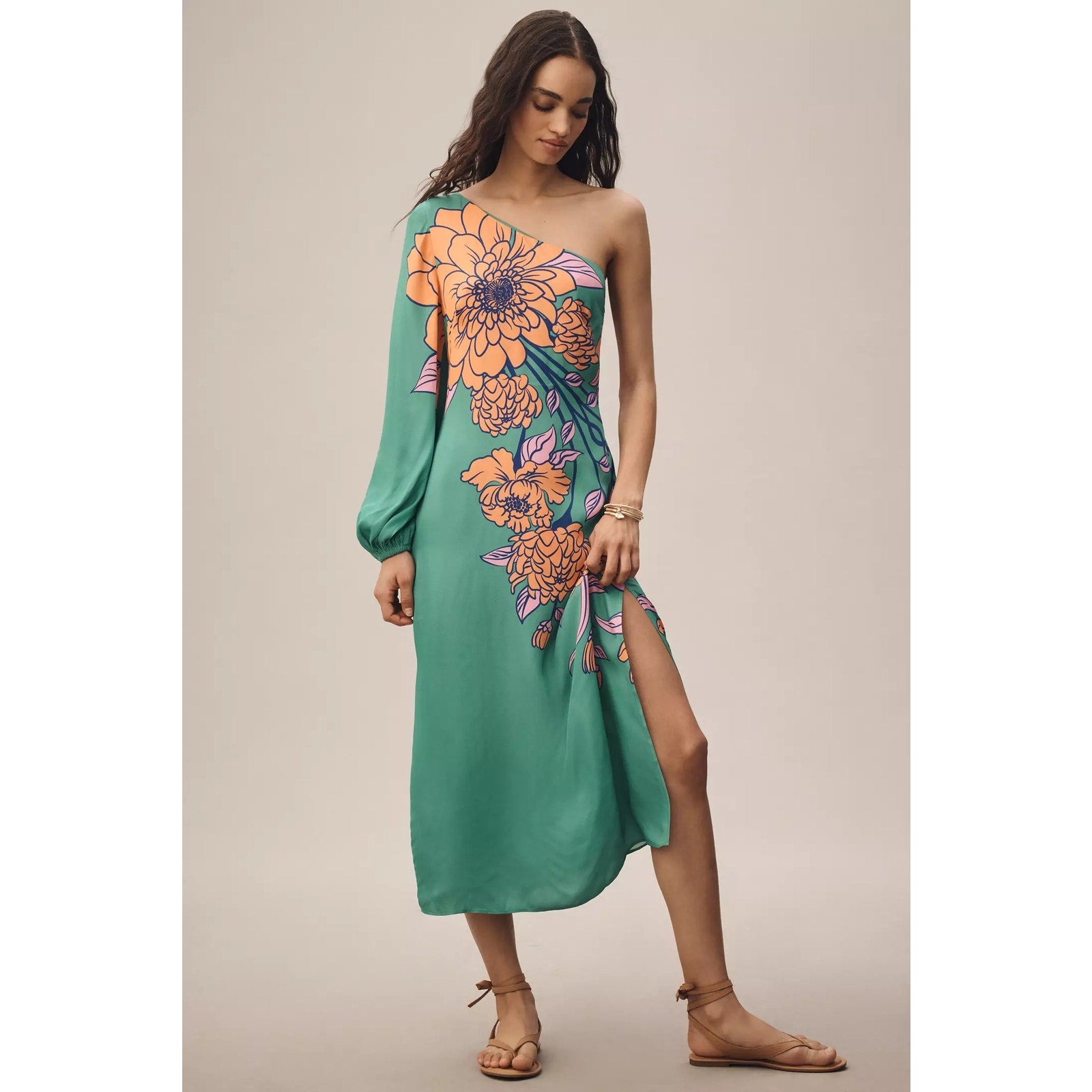 Farm Rio One-Shoulder Floral Midi Dress Large Petite LP Green Pink Anthropologie