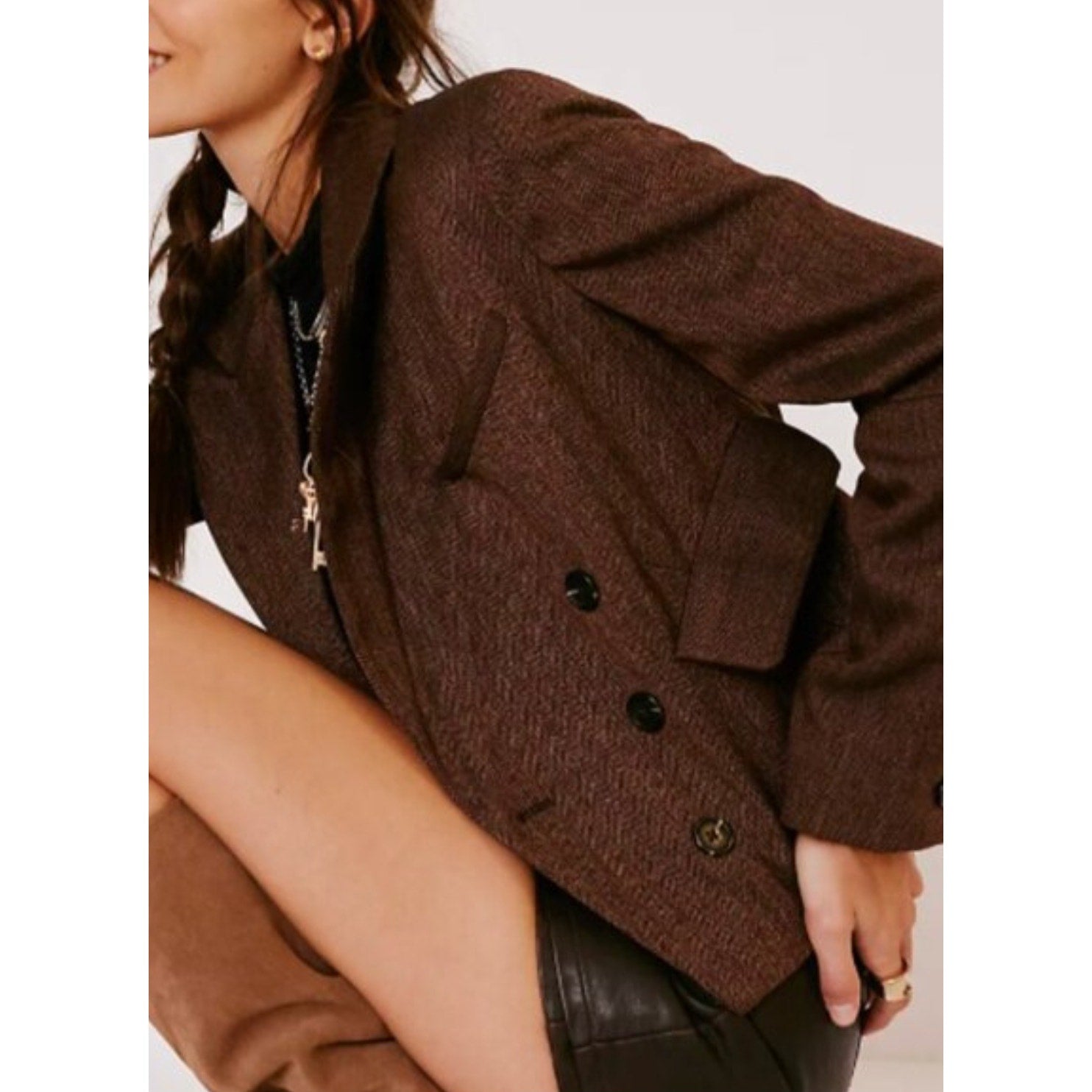 Free People Betty Double-Breasted Blazer LARGE Brown Vintage Style Free People