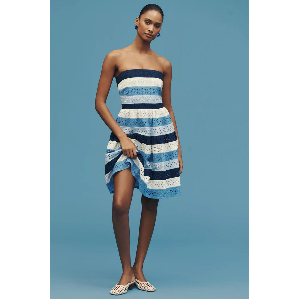 Anthropologie Maeve Strapless Cotton Lace Mini Dress Small Blue Striped Anthropologie