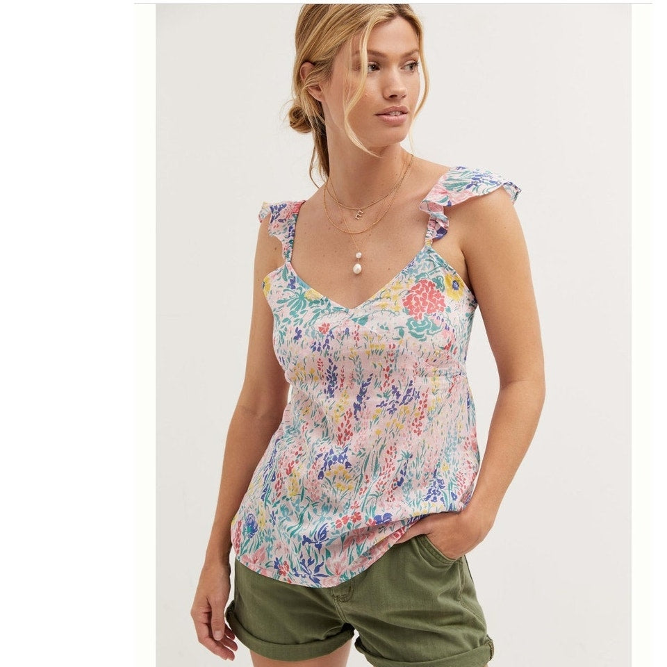 Anthropologie BANJANAN Garden Party Ruffled Tank $170 SMALL Pink Floral