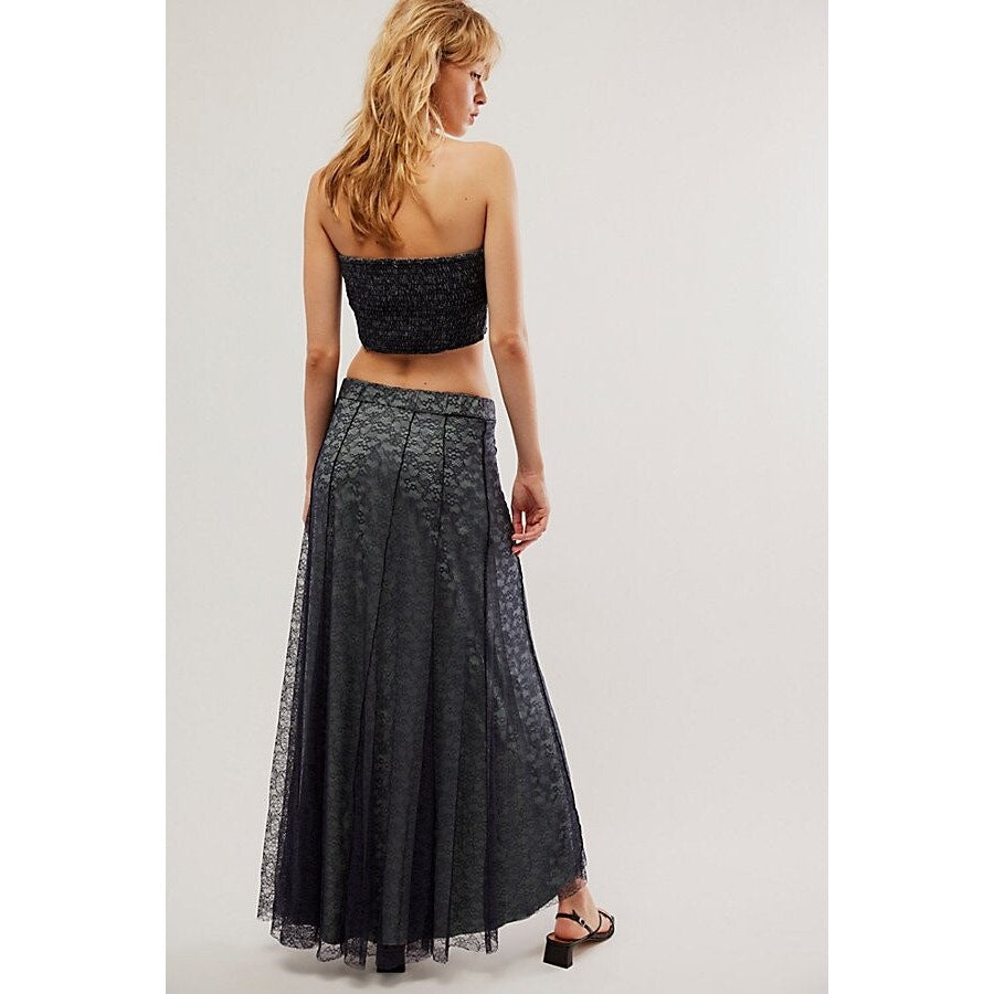 New Free People Shape Of You Set MAXI SKIRT SET $168 MEDIUM Navy Lace Crop Top