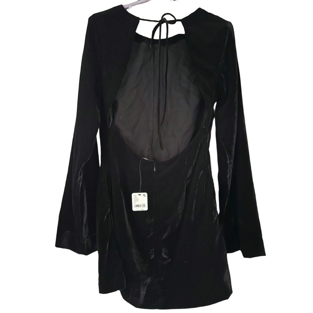 New Free People Chelsey Mini Dress VELVET $128 SMALL Black Open Back Long-Sleeve