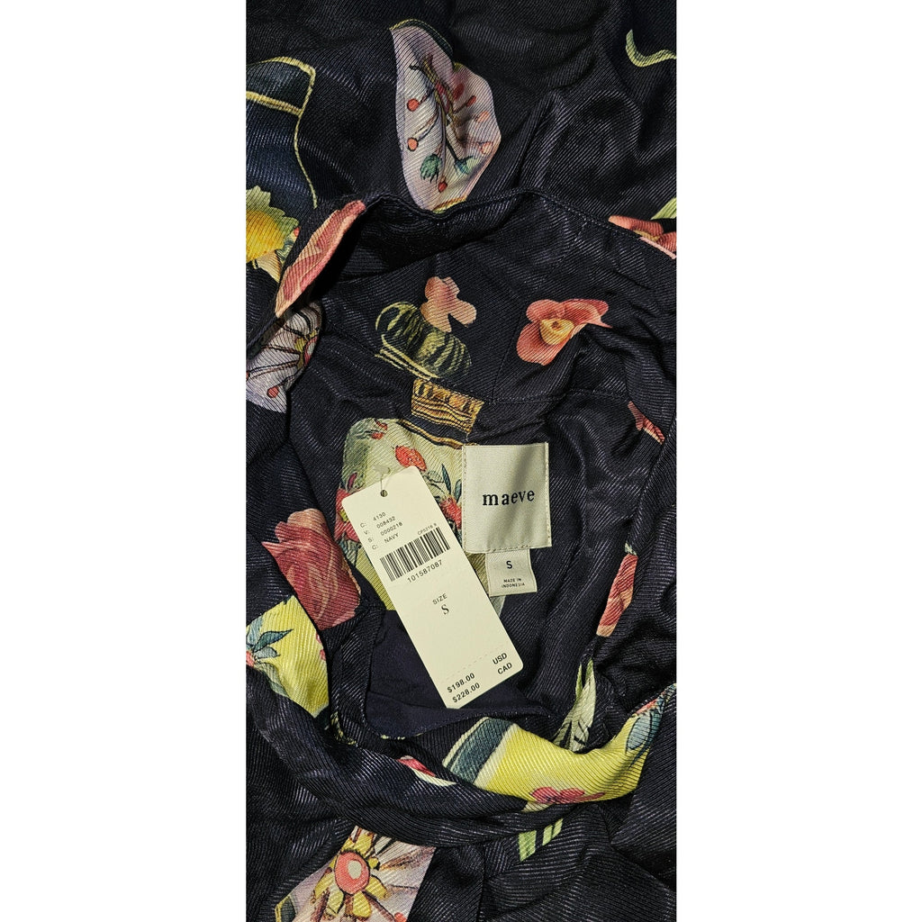 Navy floral fabric with maeve label and size barcode tags